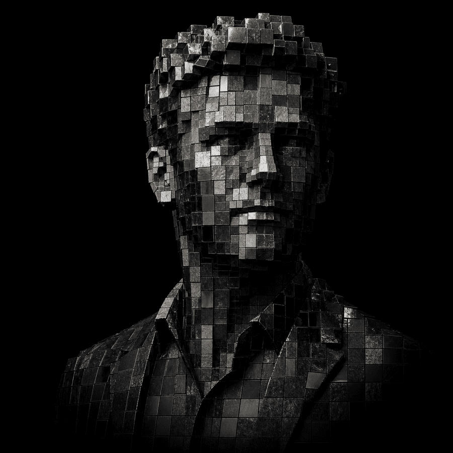 Abstract monochrome mosaic bust representing the Vlad Mode research subject
